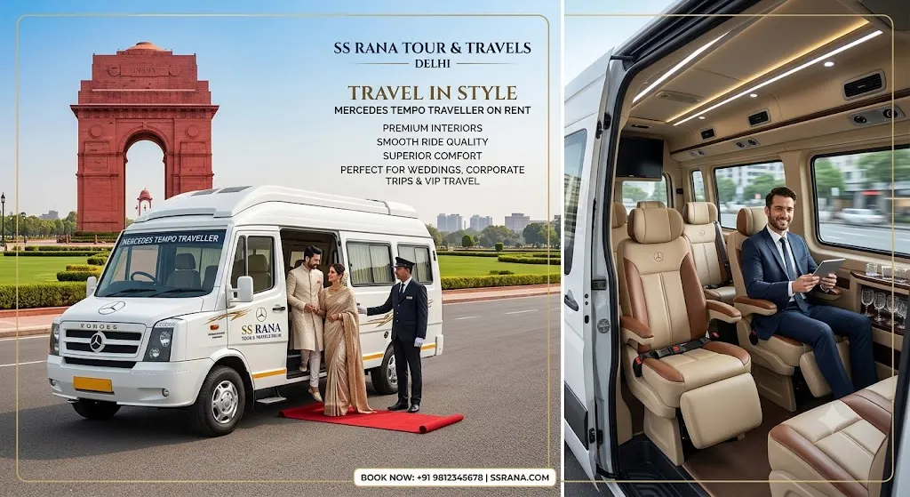 Luxury Mercedes-based Tempo Traveller on rent in Delhi with premium interiors